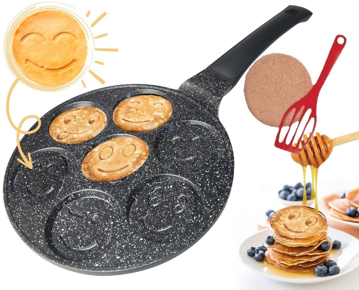 KESSMANN Crêpepfanne Induktion Smiley Crepe Pfanne 26 cm für alle Herdarten 3-teilig Pan, Aluminium (Set, 26-tlg, Inkl. 1 Filzeinlage + 1 Kork Untersetzer Antihaftbeschichtet Pancake), Induktionsherd Pfannkuchen Fanne rund Crepe Maker flach Pfannekuchen Bild 1