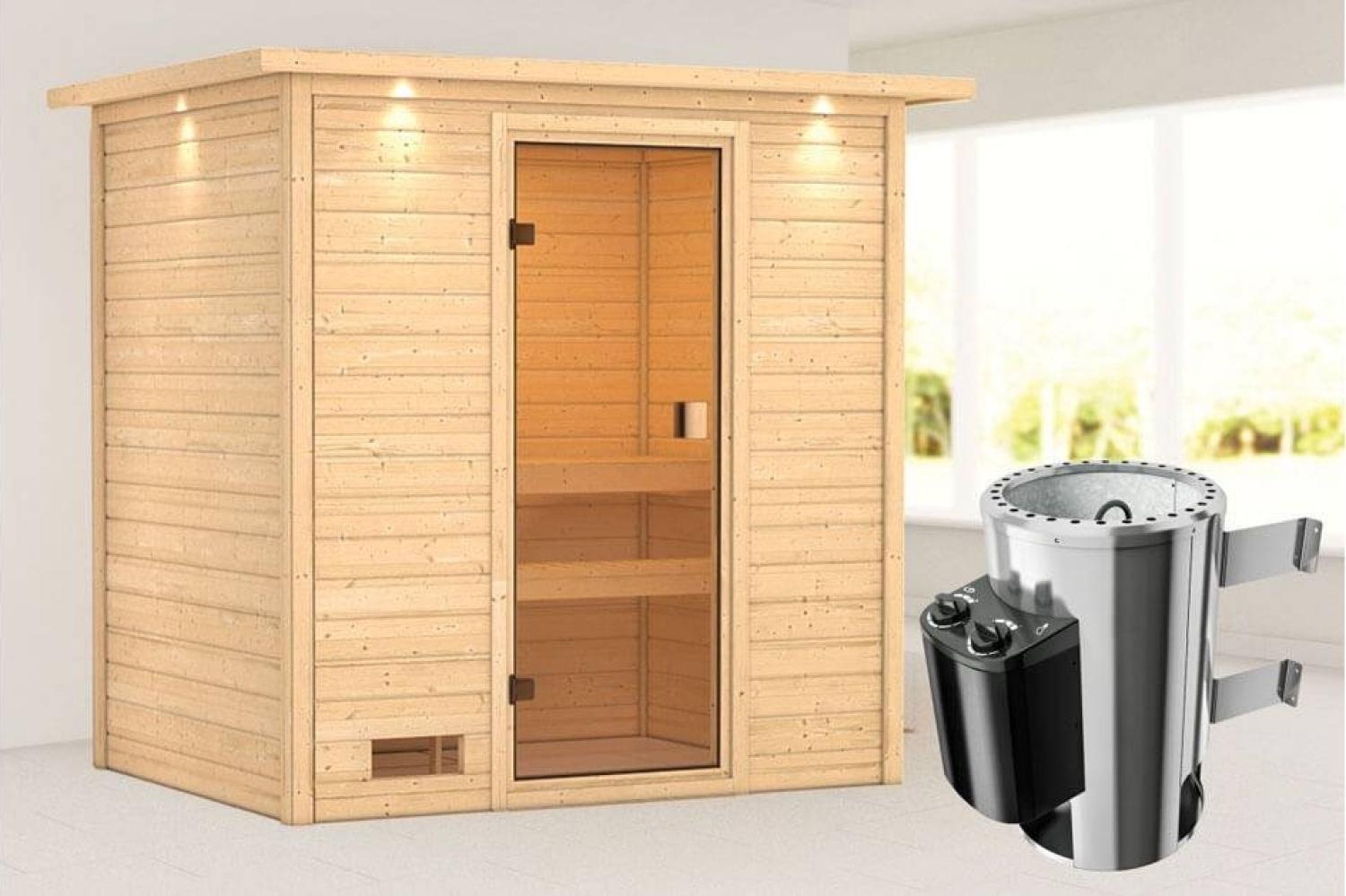 Karibu Sauna Selena mit Dachkranz + 3,6kW Plug&Play Ofen integrierte Steuerung Bild 1