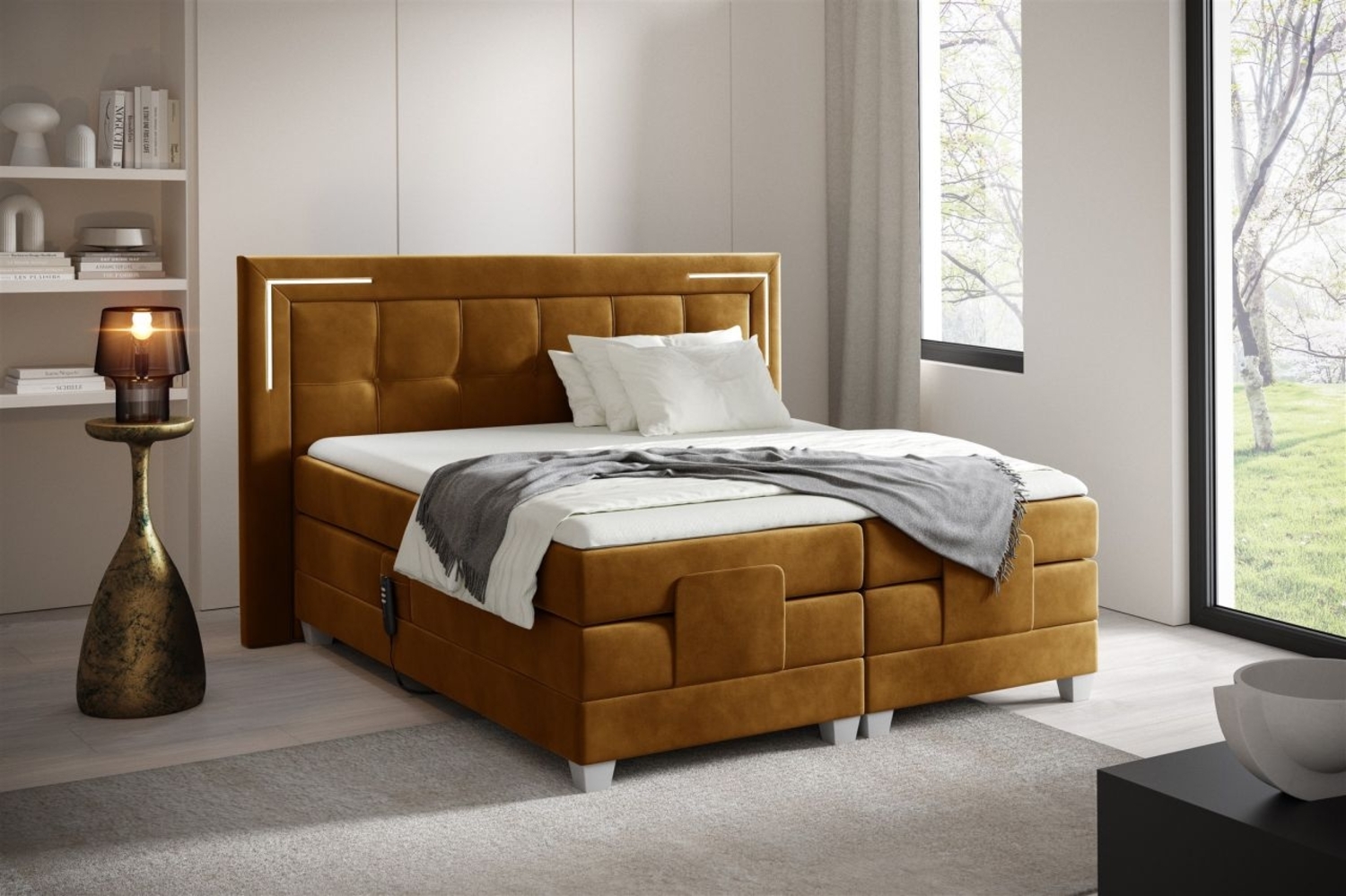 Boxspringbett Elektrisch Bett DORES 120x200cm in Stoff Fresh Senfgelb Bild 1