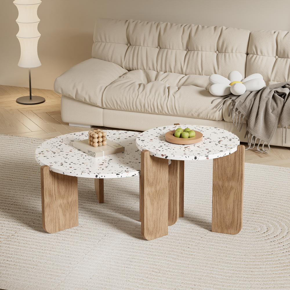 Merax Couchtisch Set Scandi, Beistelltisch Set mit Holzbeine, Satztisch Set, Wohnzimmertisch, Natur Bild 1