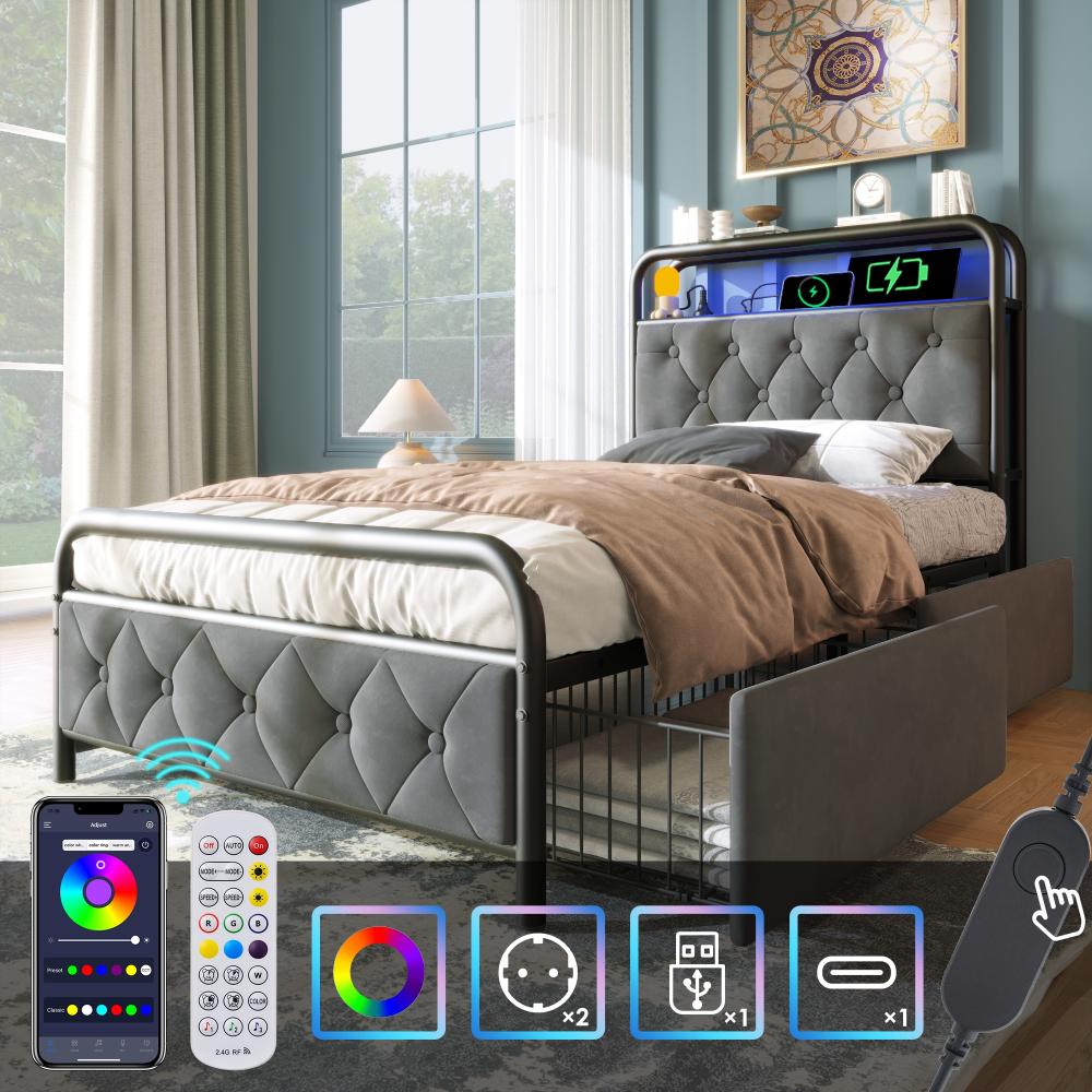 Merax Polsterbett Einzelbett mit aufladen USB Type C Ladefunktion APP-Control LED Bettgestell Metallbett 90×200CM Bettrahmen und 2 Schubladen, Samt (Ohne Matratze), Grau Bild 1