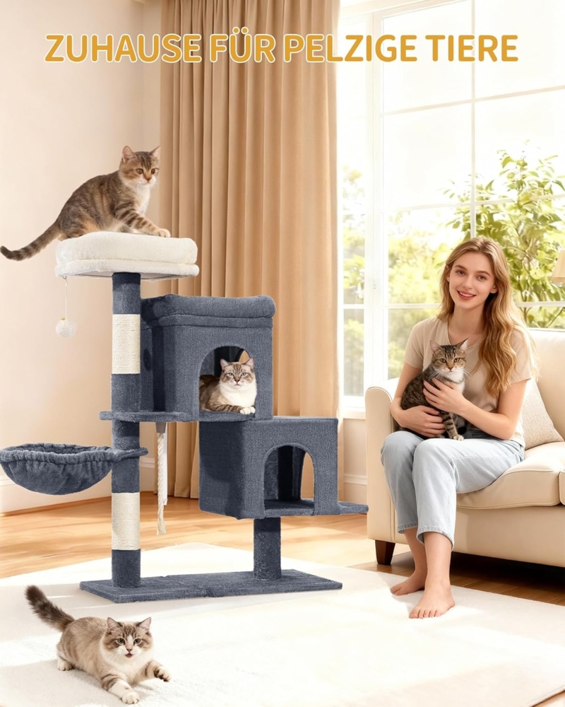 Kratzbaum, 95 cm Kleiner Katzenbaum, Geräumiges und Stabile, Verstellbare Basis, mit Weiche Große Plattform, Plüschbälle, Höhlen, Kratzsäulen, Katzenkorb, Sisalseil, Dunkelgrau Bild 1