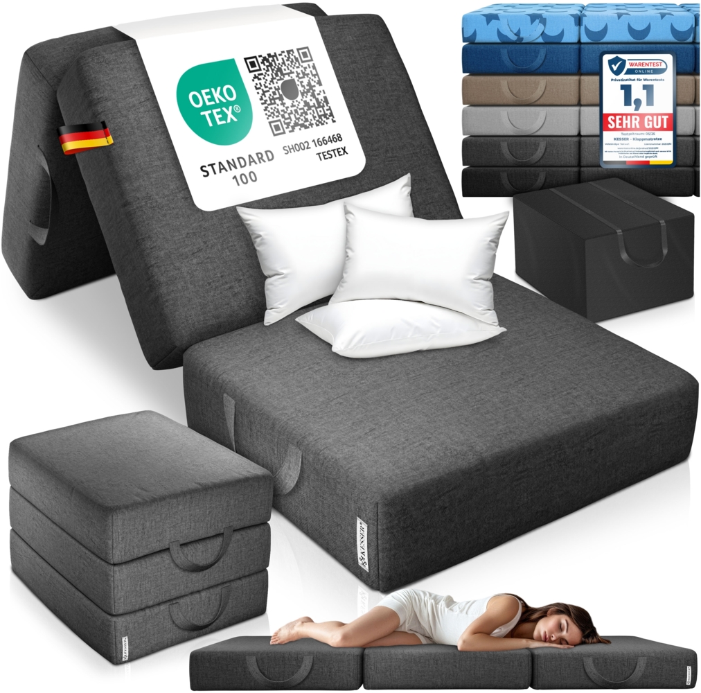 KESSER® Klappmatratze Gästematratze 3-fach Faltmatratze faltbar zum Sitzhocker | Schaumstoff 25kg/m³ extra dick 15cm atmungsaktiv waschbar abnehmbarer Bezug | Matratze inkl. Camping Tragetasche Anthrazit, 90 x 195 x 15 cm Bild 1
