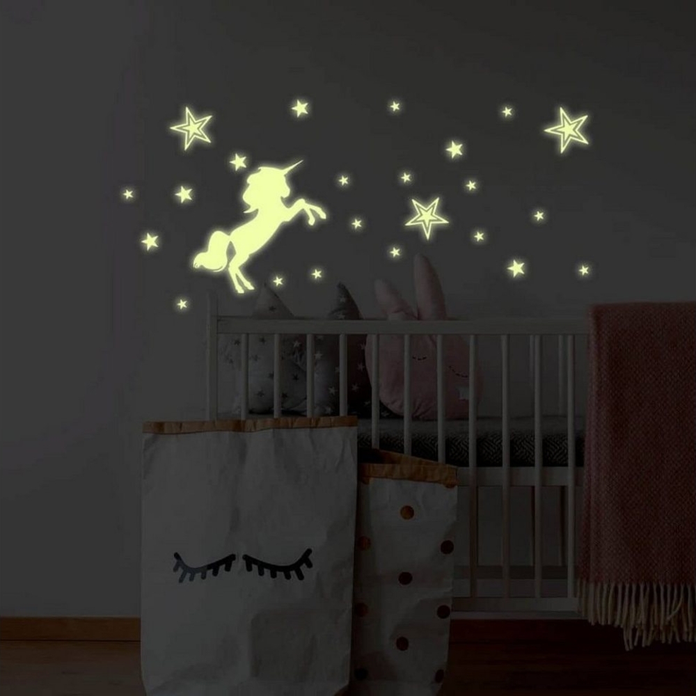 K&L Wall Art Wandtattoo Leuchtsticker Einhorn Pferde Schlafzimmer 20x29cm selbstklebend, Kinderzimmer Leuchtbild Bild 1