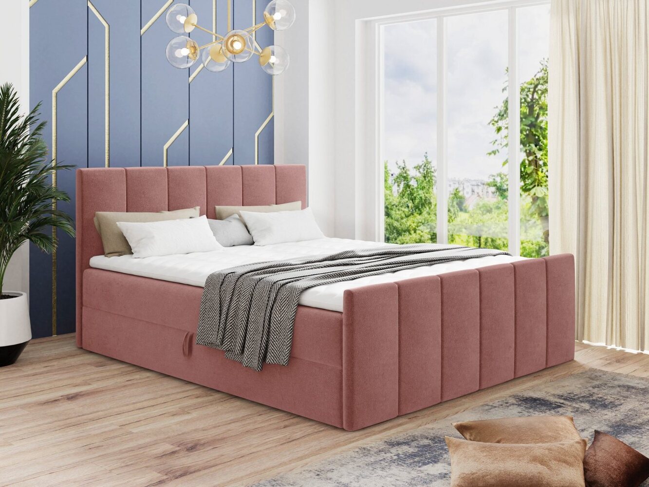 Boxspringbett Star Lux mit Fußteil, 2 Bettkästen und Matratzentopper - Doppelbett mit Topper, Bonell-Matratze, Polsterbett, Bett (Pink (Kronos 29), 160 x 200 cm) Bild 1