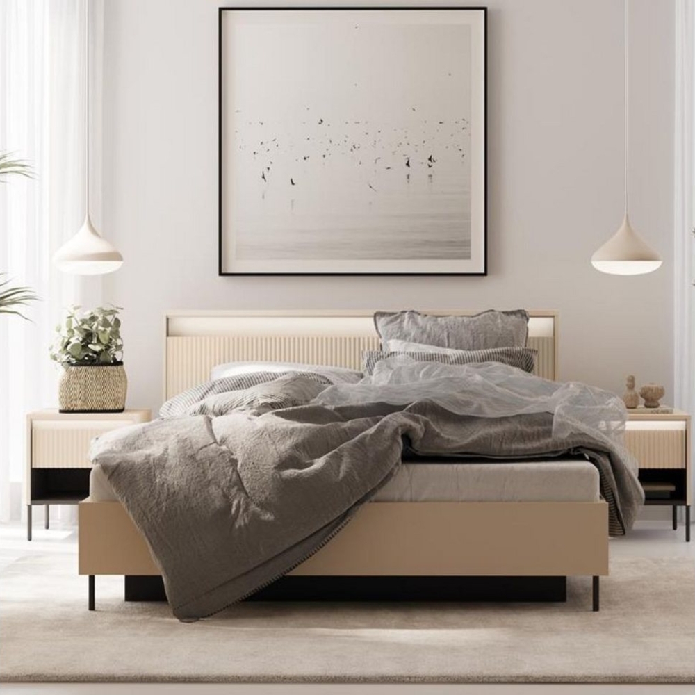 Compleo Stauraumbett mit geriffelter Front und LED Beleuchtung FLORE, TOP ANGEBOT! (Beige Bett), Lattenrost und Bettkasten kostenlos! Bild 1