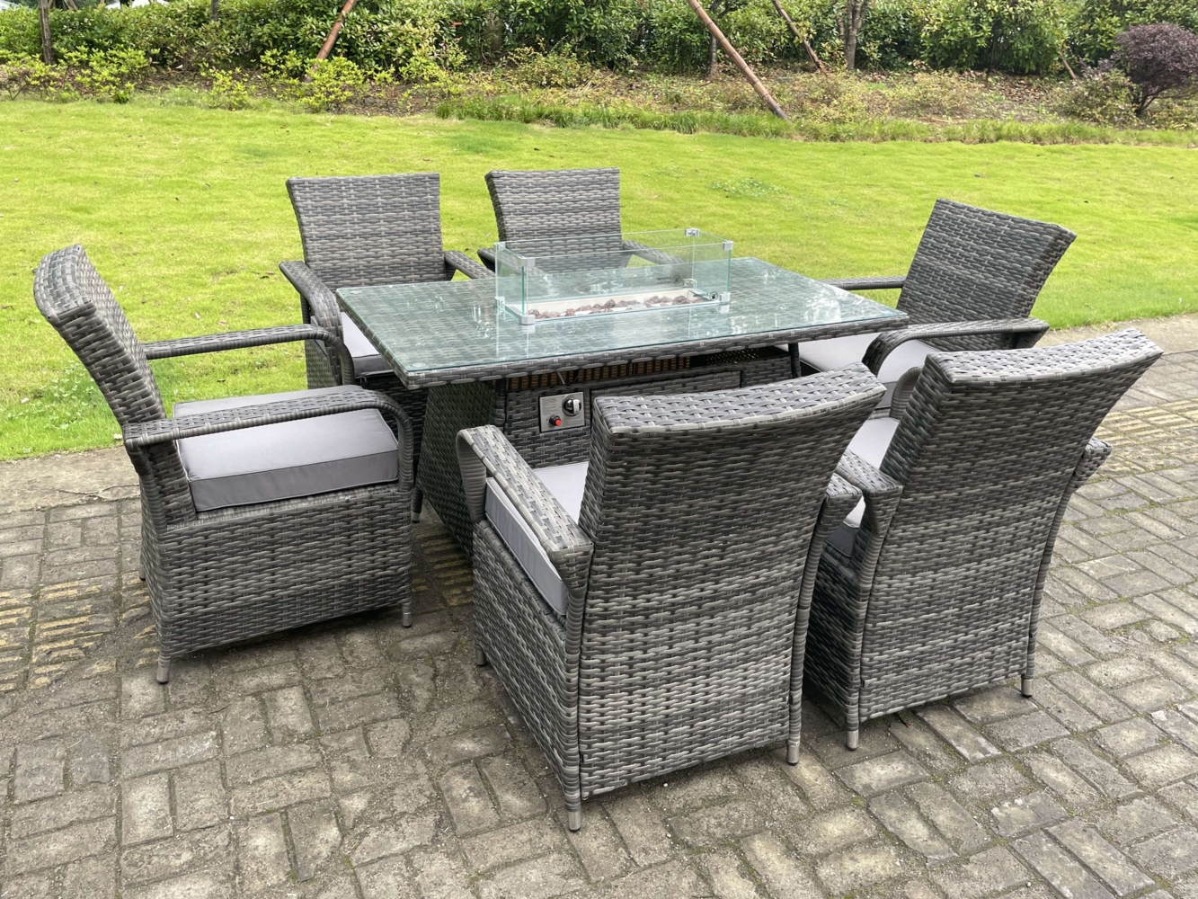 Fimous Rattan Gartenmöbel Gas Feuer Grube Rechteck Runder Esstisch Und Esszimmer Stühle 6 Sitzer für Rechteckige Tabelle Bild 1