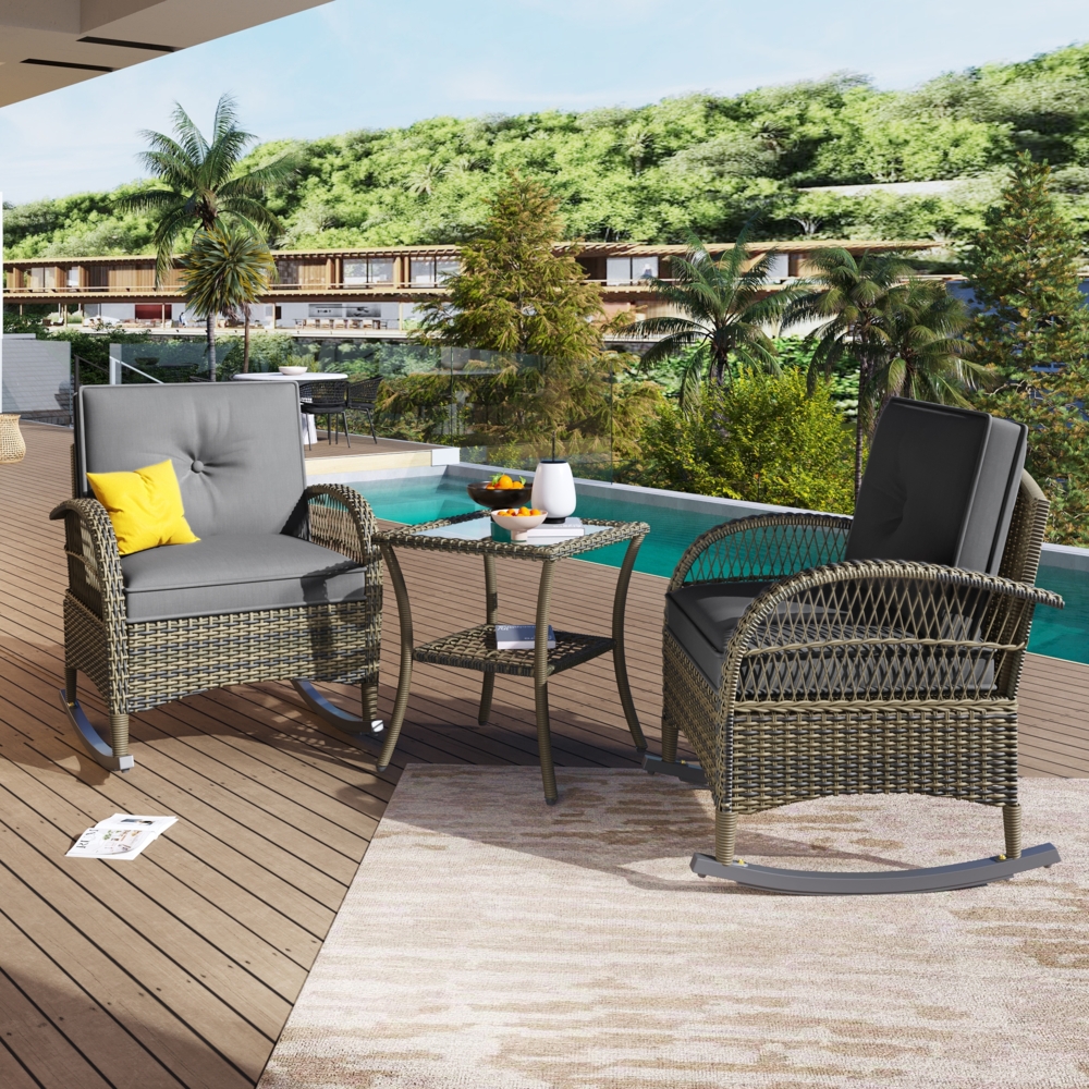 Merax Gartenlounge-Set Balkonmöbelset Rattan, Schaukelstuhl für 2 Personen, Gartentisch mit Glasplatte, Lounge Terassenmöbel Balkonset 3-tlg, Grau Bild 1