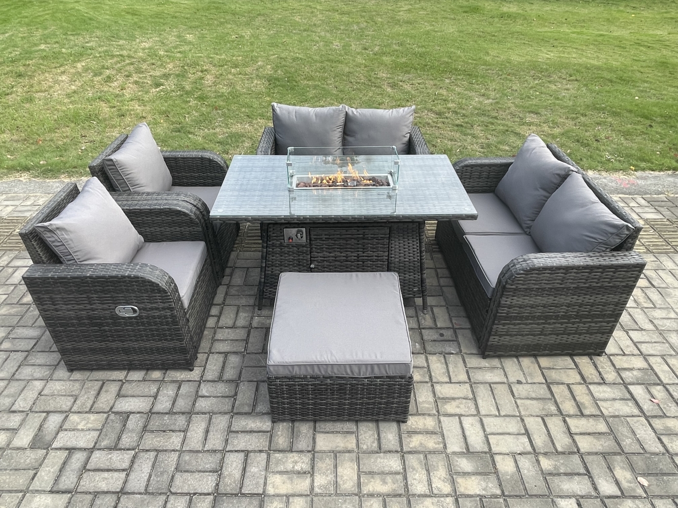 Fimous 7-Sitzer Rattan Gartenmöbel Set Propan Gas Feuergrube Tisch und Sofa Stuhl set mit Big Foothocker Bild 1