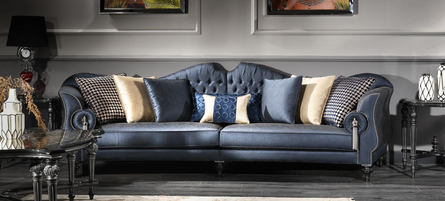 Casa Padrino Luxus Barock Wohnzimmer Sofa Blau / Silber / Schwarz 300 x 94 x H. 88 cm - Edel & Prunkvoll Bild 1