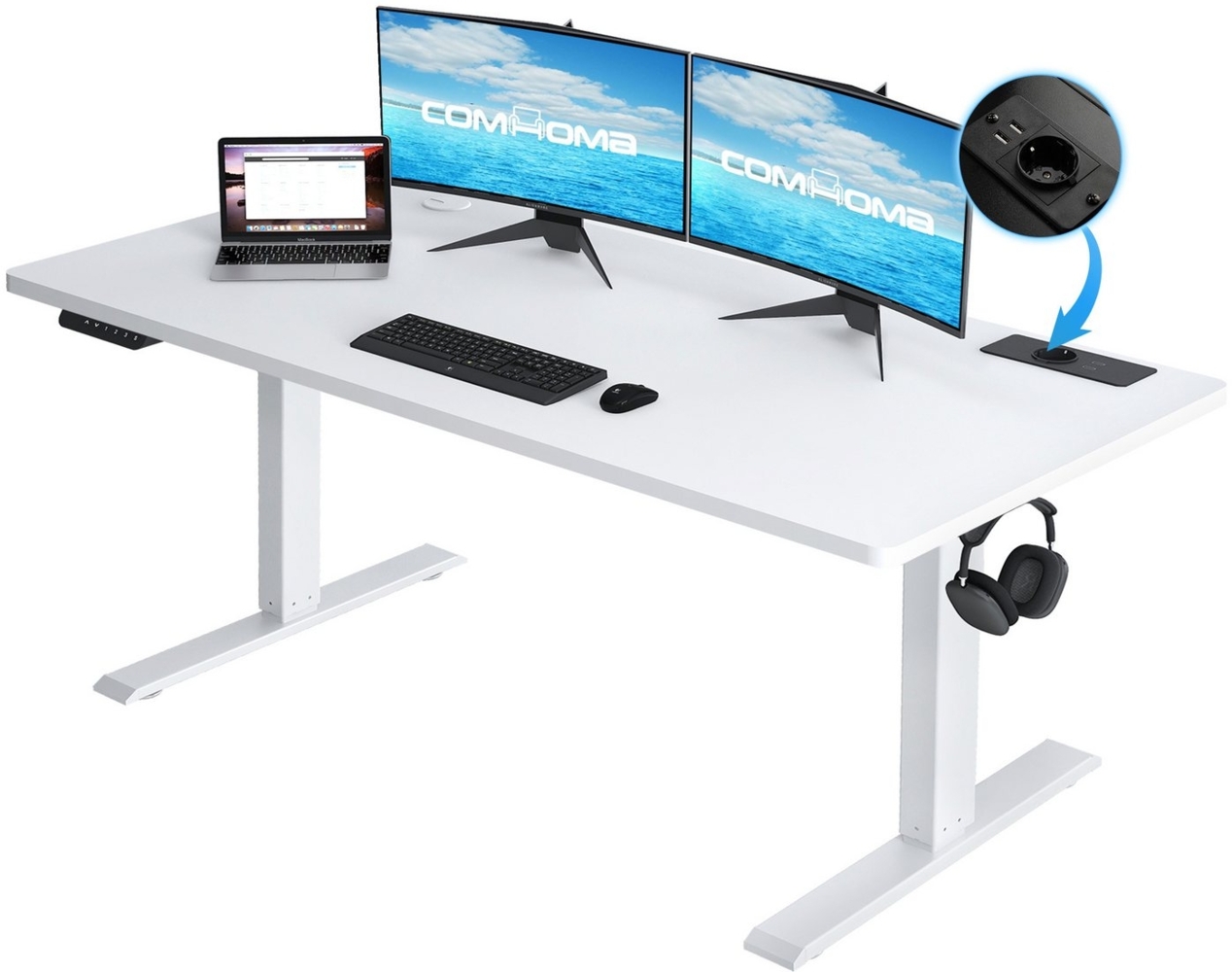 COMHOMA Schreibtisch Höhenverstellbarer Schreibtisch 140x60 cm mit USB-Buchse und Haken (1 Tisch), Verstellbarer Computertisch, Stehpult Stehschreibtisch Bild 1