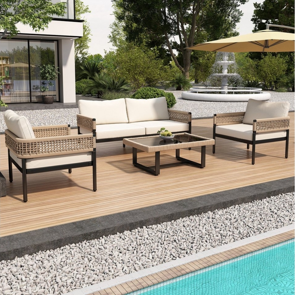 TavilaEcon Gartenlounge-Set Gartenmöbel-Set aus Seil, mit verzinktem Eisenrahmen, (4-tlg), 4er-Set, inklusive aller Sitz- und Rückenkissen Bild 1