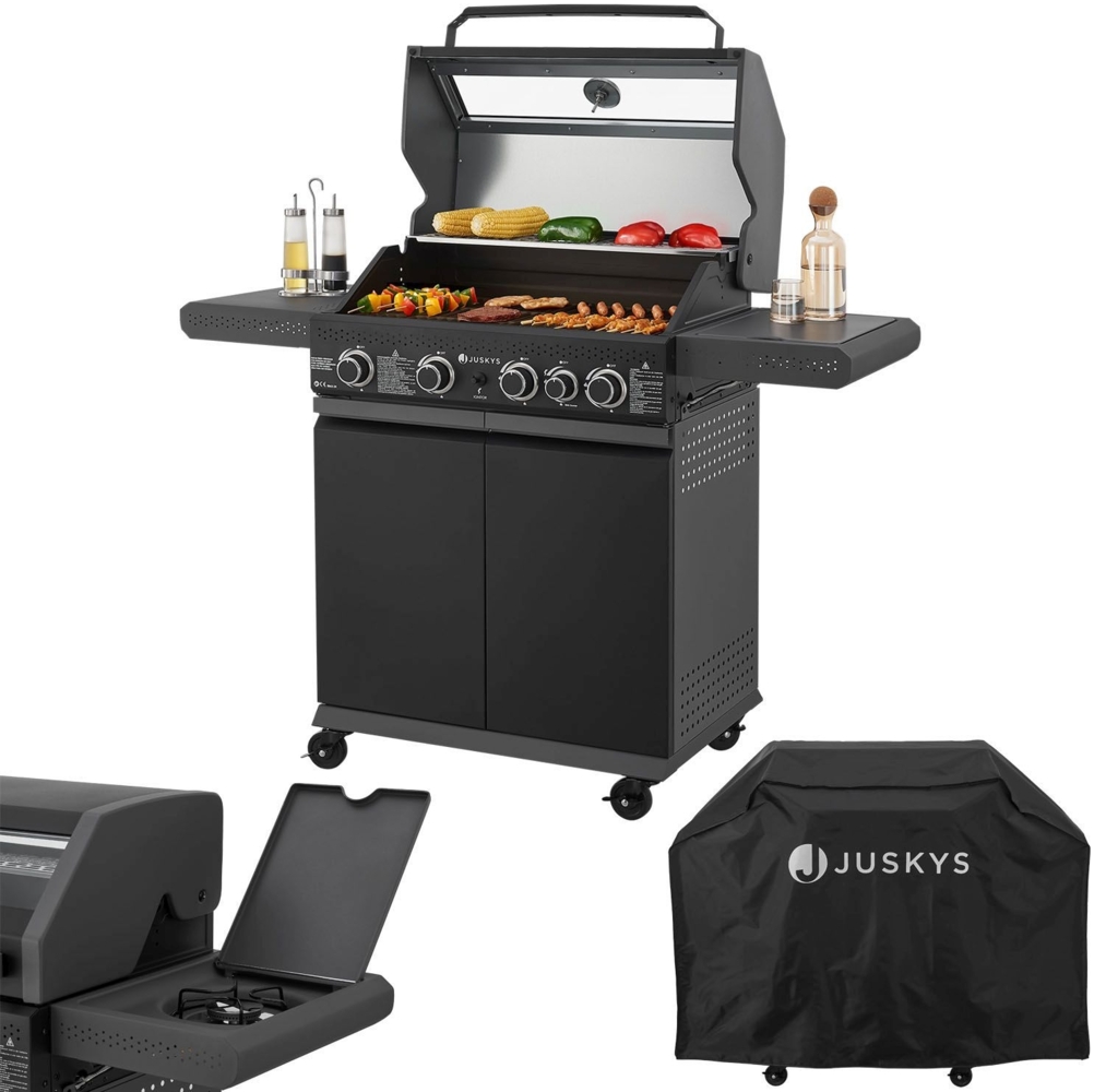 Juskys BBQ Gasgrill Savannah - 4 Brenner und 1 Seitenbrenner - XXL Stahl Gas Grill mit Gusseisen Grillrost, Kochfeld, Unterschrank für Gasflasche Bild 1