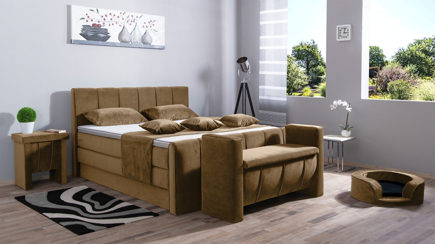 Meisterbetten Boxspringbett Roki 200x200 in VS-Gold, Matratzenbezug Nano, Ergoflex-Topper, mit Fussteil Bild 1