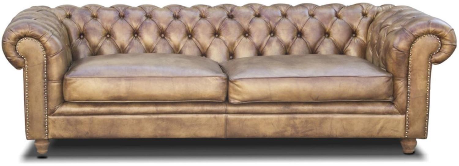 Casa Padrino Luxus Chesterfield Leder Sofa Vintage Hellbraun 240 x 100 x H. 80 cm - Echtleder Wohnzimmer Sofa - Wohnzimmer Möbel - Chesterfield Möbel - Luxus Möbel - Luxus Wohnzimmer Einrichtung Bild 1