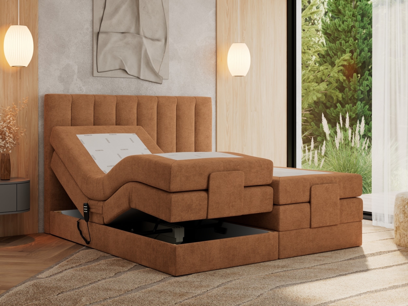 Boxspringbett mit elektrisch verstellbaren Matratzen, zwei Bettkästen und einem Topper - COMFORTO - 160 x 200 cm - Orange Stoff - H4 Bild 1