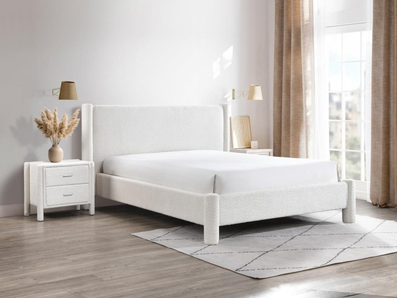 Vente-unique - Bett + Matratze - 140 x 190 cm - Bouclé-Stoff - Weiß - CONOMO Bild 1