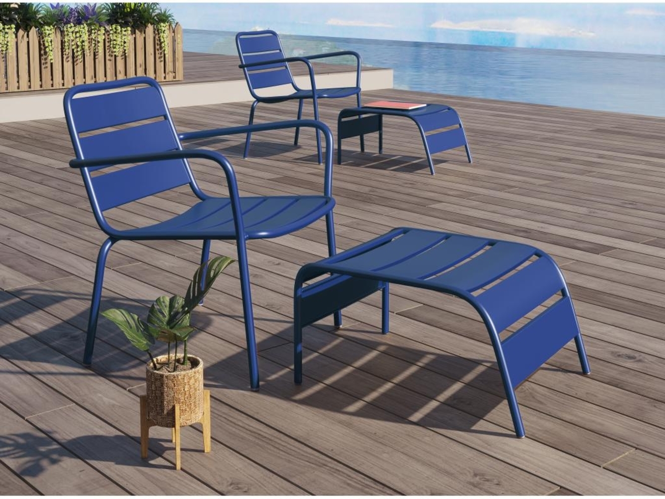 Vente-unique - Gartensessel stapelbar + Fußbank - Metall - Dunkelblau - MIRMANDE von MYLIA Bild 1
