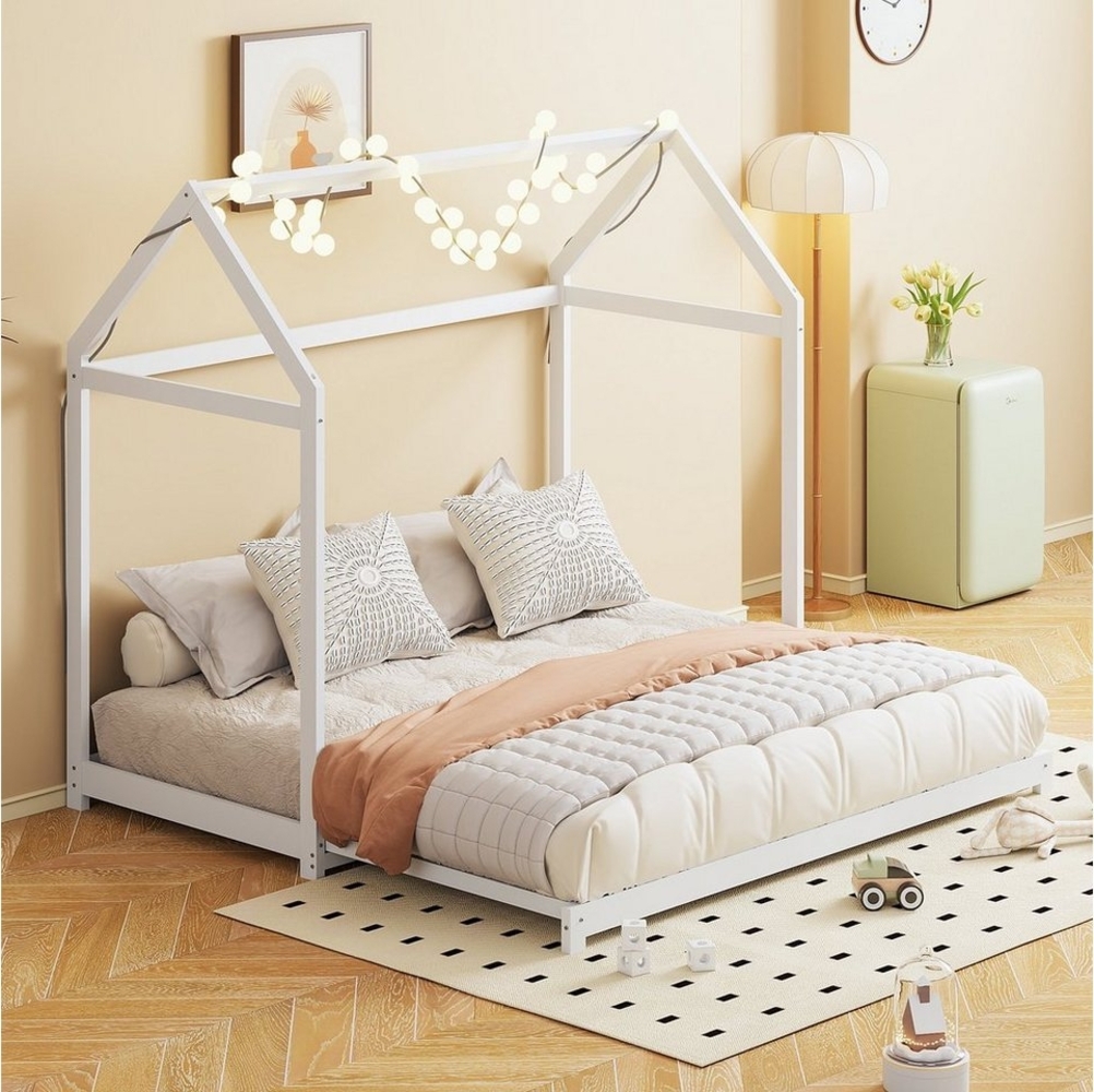 Flieks Massivholzbett, Einzelbett Kinderbett Hausbett mit Ausziehbett 90x190cm/180x190cm Bild 1