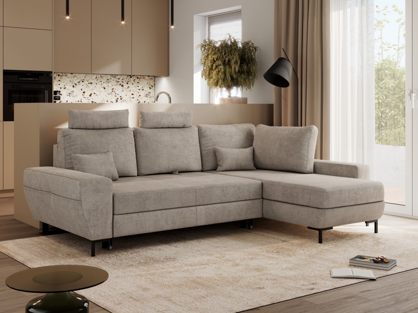 Ecksofa mit Schlaffunktion und Bettkasten für das Wohnzimmer, auf schwarzen Metallbeinen, mit losen Kissen - FLAVIA - Beige Stoff - rechte Seite Bild 1