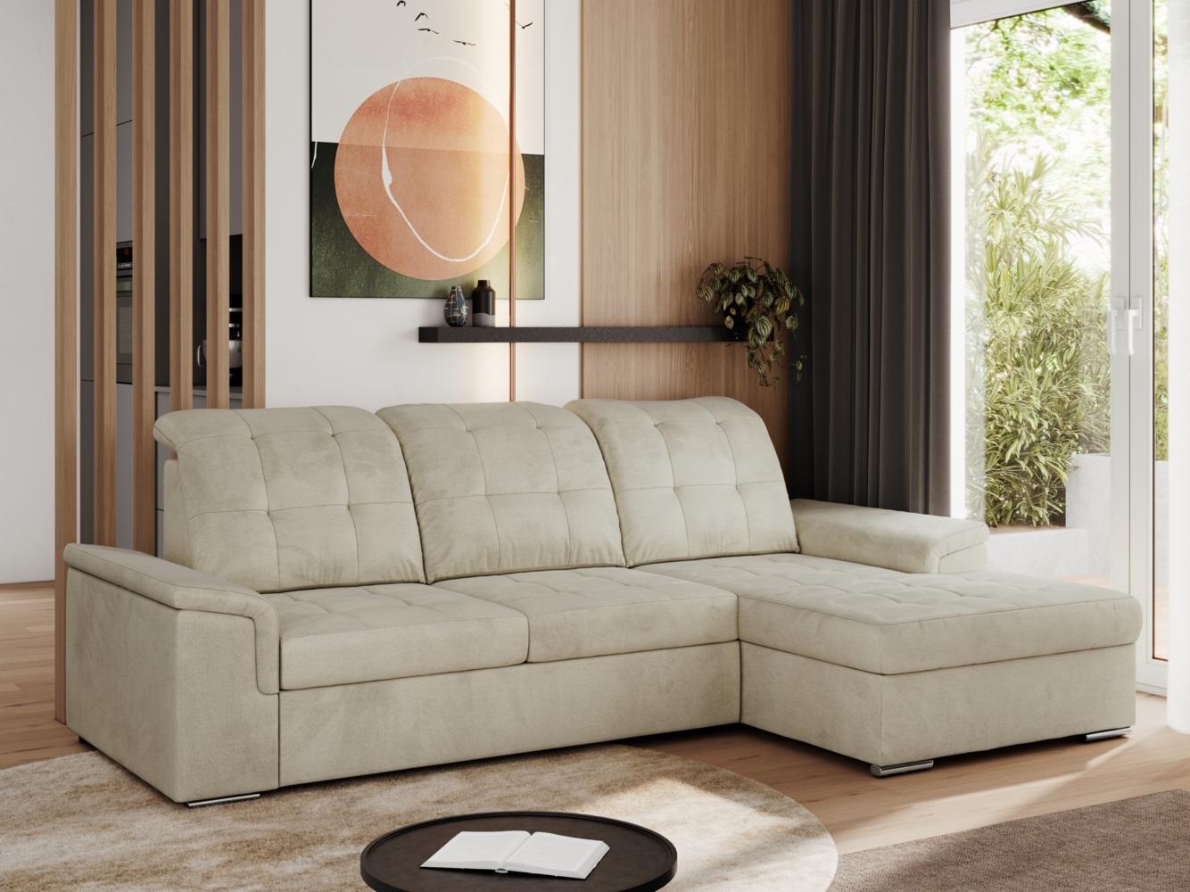 L-förmige Ecksofa mit gesteppter Sitzfläche und Rückenlehne, verstellbare Rückenkissen, Schlaffunktion und Bettkasten - MADRITO - Beige Velours - rechte Seite Bild 1