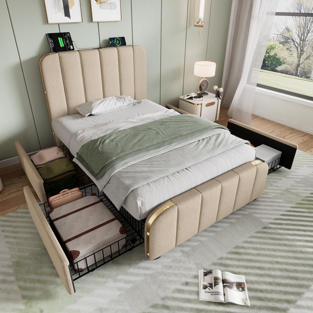 Merax Polsterbett Einzelbett 90x200cm mit USB/Typ-C Ladefunktion und 4 Schubladen, Beige Bild 1