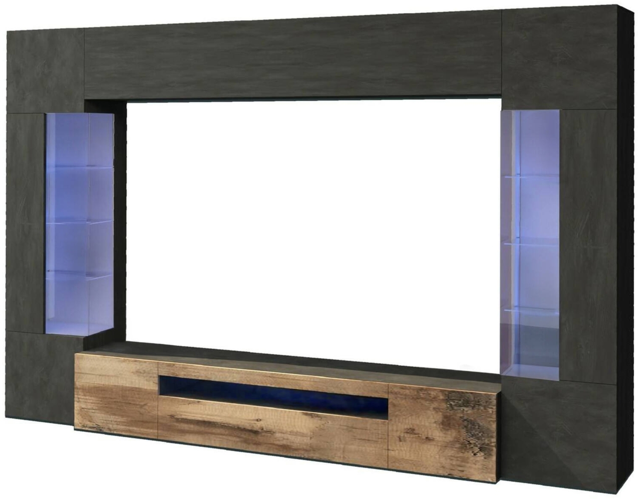 Dmora Ausgestattete Wand Arga, 6-türiges TV-Ständer-Wohnzimmerset, Mehrzweck-Wohnzimmermöbel mit LED-Licht, 100 % Made in Italy, 290 x 40 x 191 cm, Anthrazit und Ahorn, Bild 1