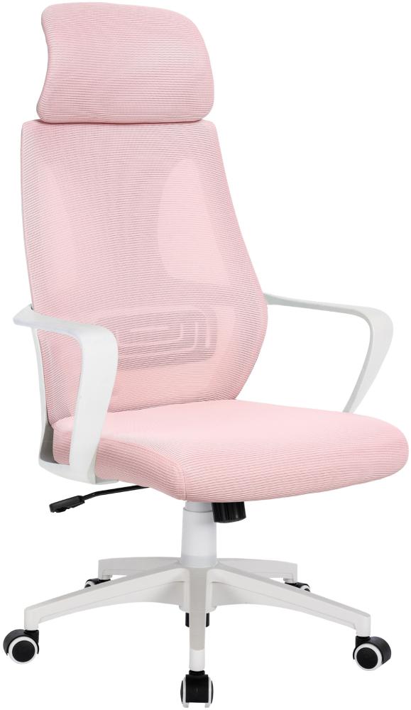 Bürostuhl mit Lordosenstütze im Netzstoff-Design Schreibtischstuhl mit Wippfunktion ergonomischer Drehstuhl mit einer verstellbaren atmungsaktiven Rückenlehne Weiß/Rosa Bild 1