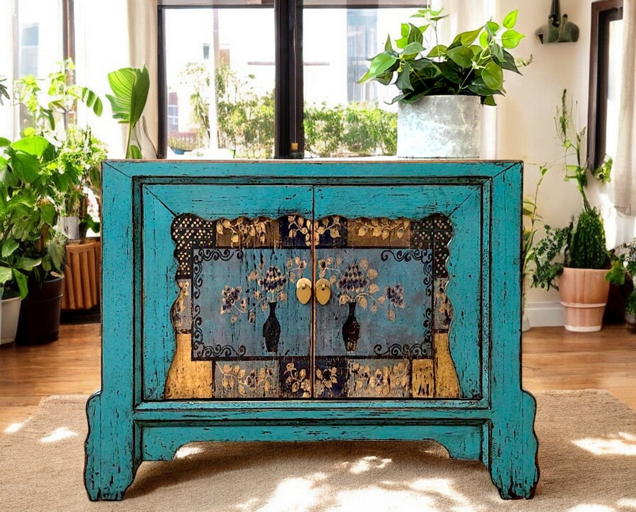 Asiatisches Kästchen Blau Braun Kommode Sideboard chinesisch Kolonial-Stil Antik-Stil Lowboard Schrank orientalisch Fernost shabby-chic Landhaus Bild 1