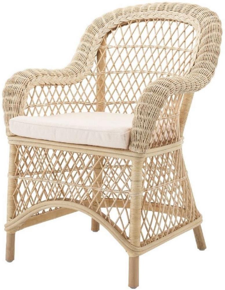 Casa Padrino Luxus Rattan Esszimmerstuhl mit Armlehnen und Kissen Naturfarben / Cremefarben 63 x 68 x H. 88 cm - Esszimmermöbel Bild 1