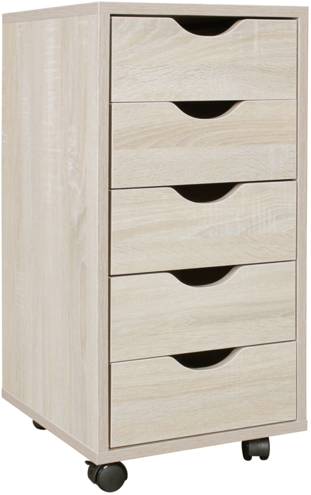 Rollcontainer 33 x 64 x 38 cm MDF-Holz 5 Schubladen sonoma, Moderner Schubladencontainer mit Rollen, Standcontainer Bürocontainer Bild 1