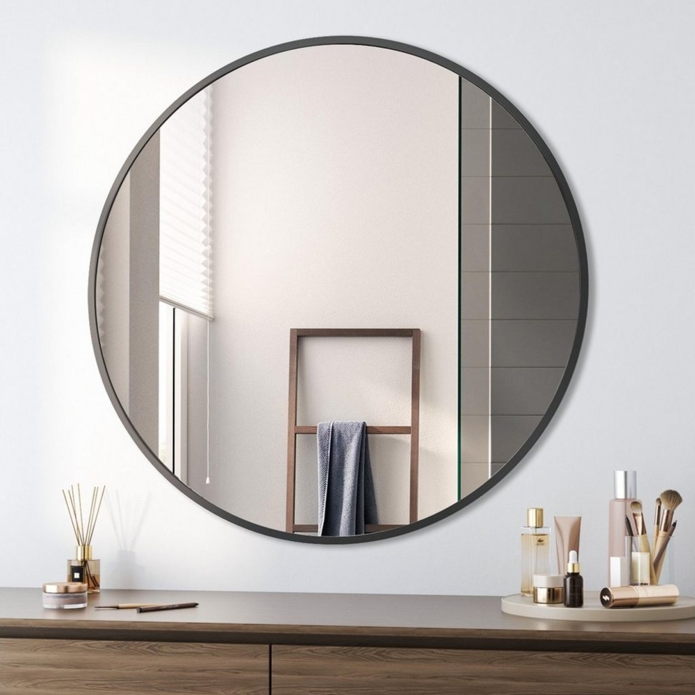 Boromal Wandspiegel groß 80x80cm Rund Rundspiegel 80cm Badspiegel Schwarz Rund (Schminkspiegel groß Rund, mit Aluminiumrahmen), 5mm HD spiegel Bild 1