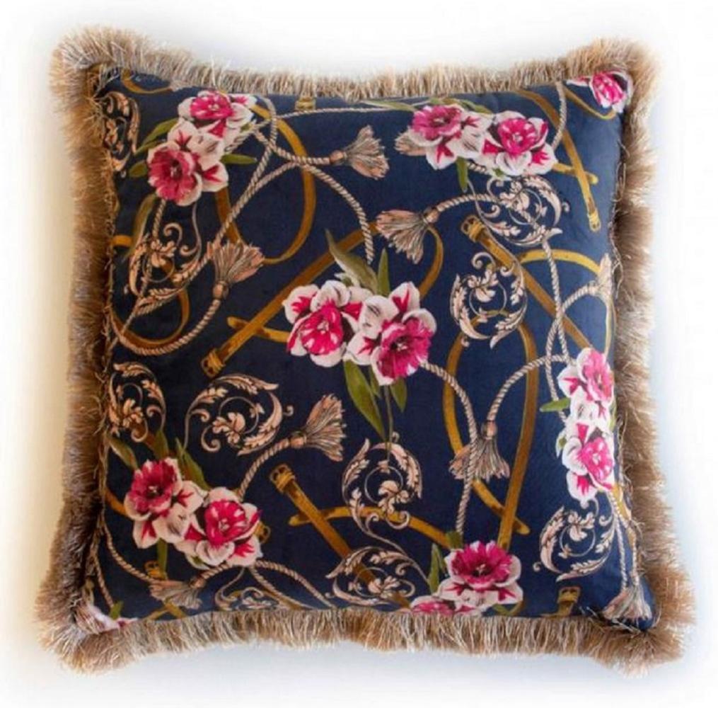 Casa Padrino Luxus Deko Kissen Barock Blumen Design Blau / Mehrfarbig / Braun 45 x 45 cm - Bedrucktes Samt Kissen mit Fransen - Deko Accessoires Bild 1