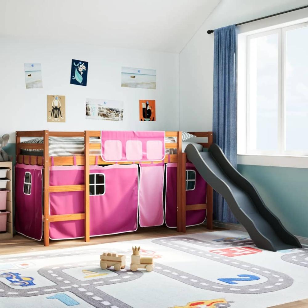 vidaXL Kinderhochbett mit Vorhängen Rosa 90x190 cm Massivholz Kiefer 3309091 Bild 1