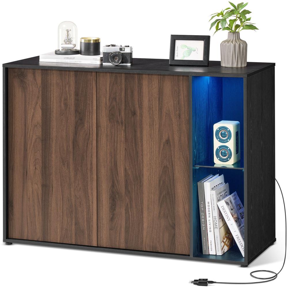 Songmics HOME Superschnelle werkzeuglose Montage, Sideboard mit Beleuchtung, Aufbewahrungsschrank, TV-Schrank, Glasablage, Toolless-Technologie, naturwalnussfarben-ebenholzschwarz BBK372B01 Bild 1