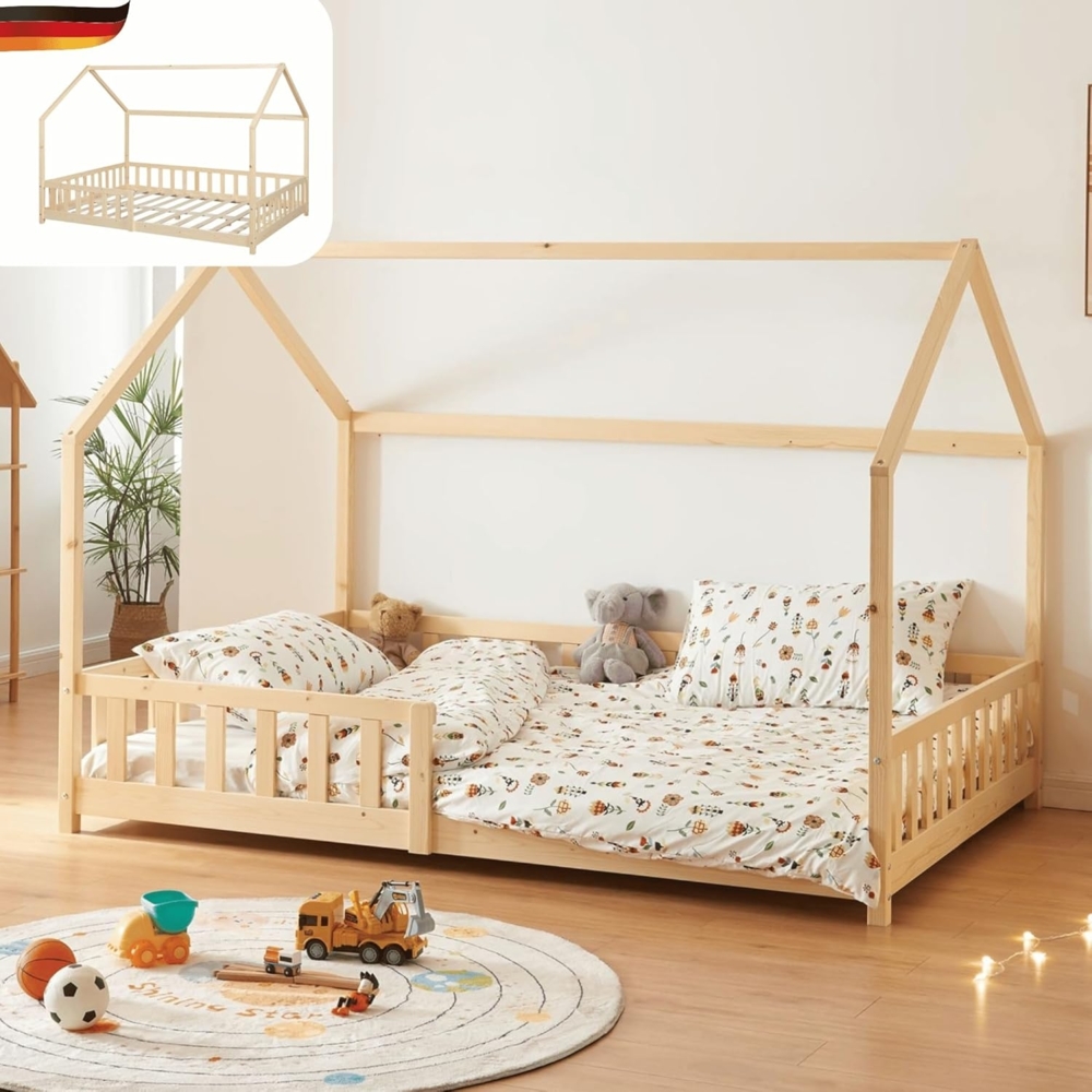 DELUKE® Kinderbett 120x200 OKLA - mit Lattenrost Rausfallschutz Haus-OptikEinzelbett aus Holz Hausbett Kinderzimmer Montessori Bett Braun Bild 1