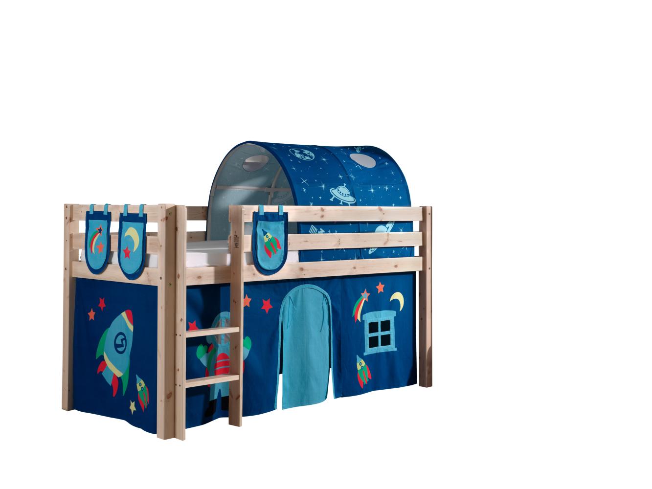 Spielbett Pino mit Textilset Vorhang, Tunnel und 3 Taschen "Astro", Kiefer massiv natur Bild 1