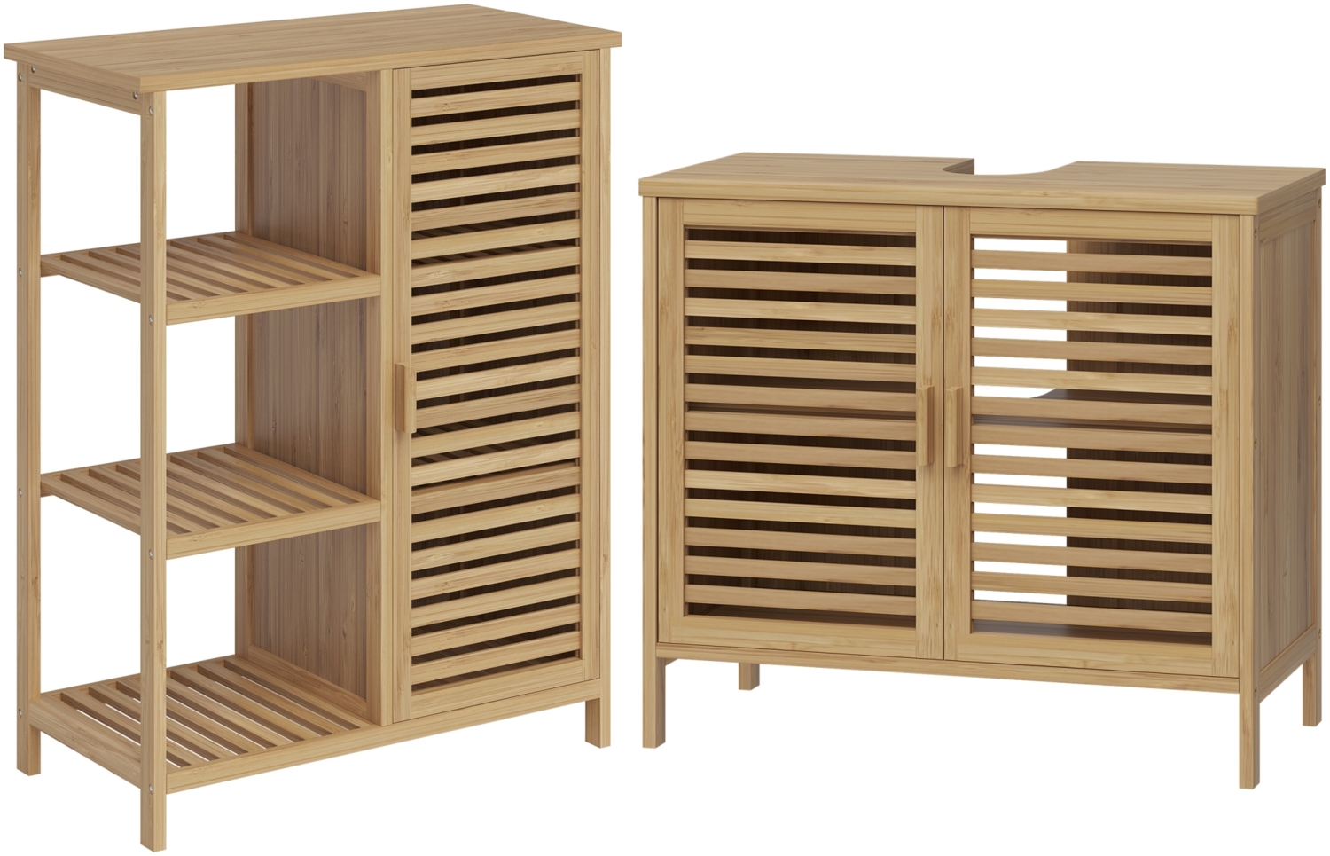 Bellamio 'Newa' Badezimmer Set aus Waschbeckenunterschrank und Badschrank mit 6 Ablagefächern, Bambus, natur Bild 1