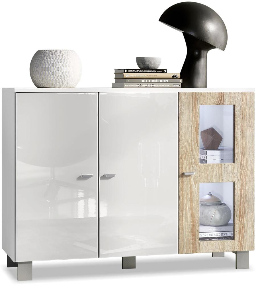 Vladon Sideboard Denjo, Kommode mit 3 Türen, Weiß matt/Weiß Hochglanz/Eiche Sägegrau, inkl. LED-Beleuchtung (107 x 81 x 35 cm) Bild 1