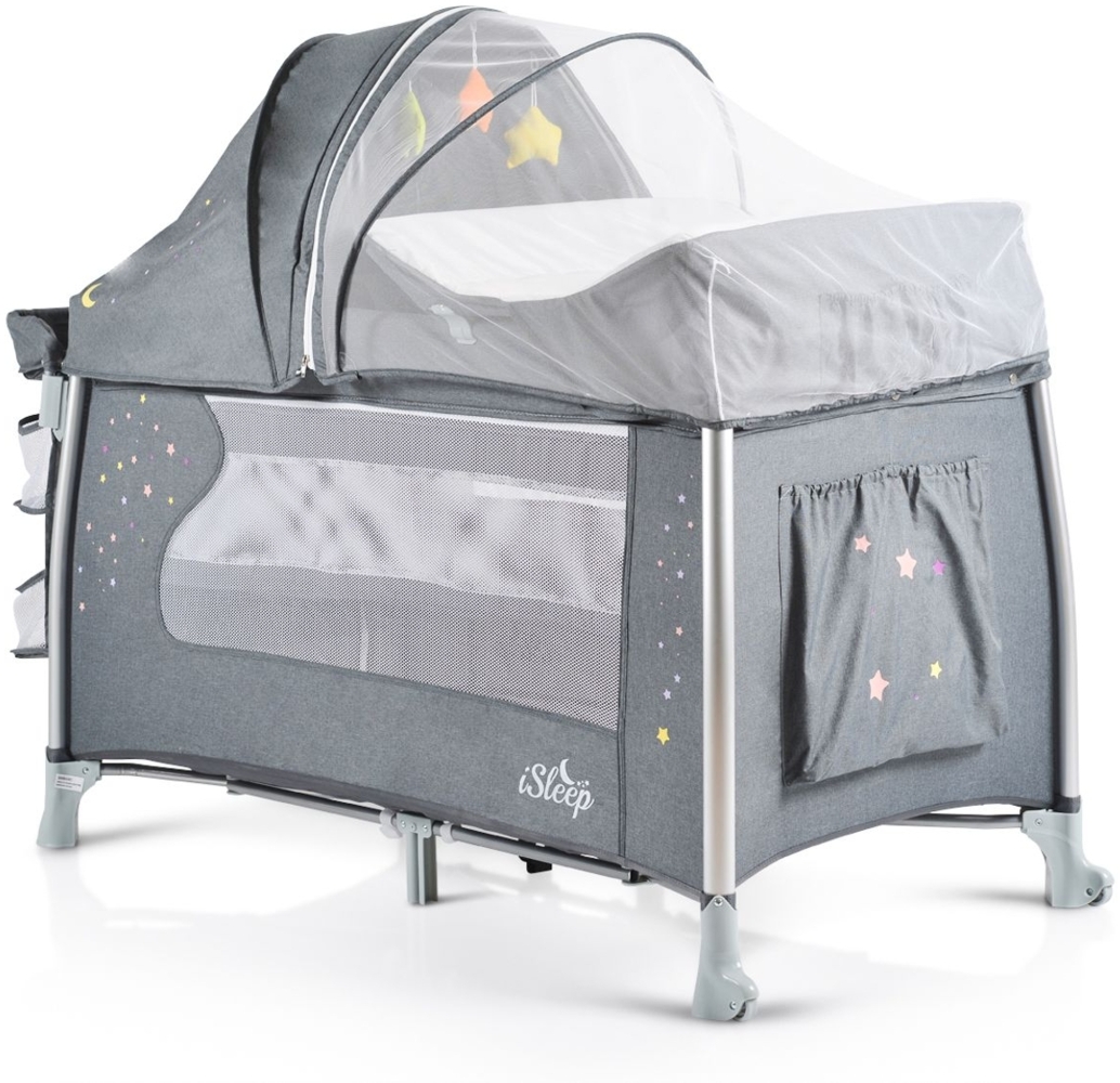 Cangaroo Reisebett iSleep Wiege Matratze Spielbogen Wickelauflage Moskitonetz grau Bild 1