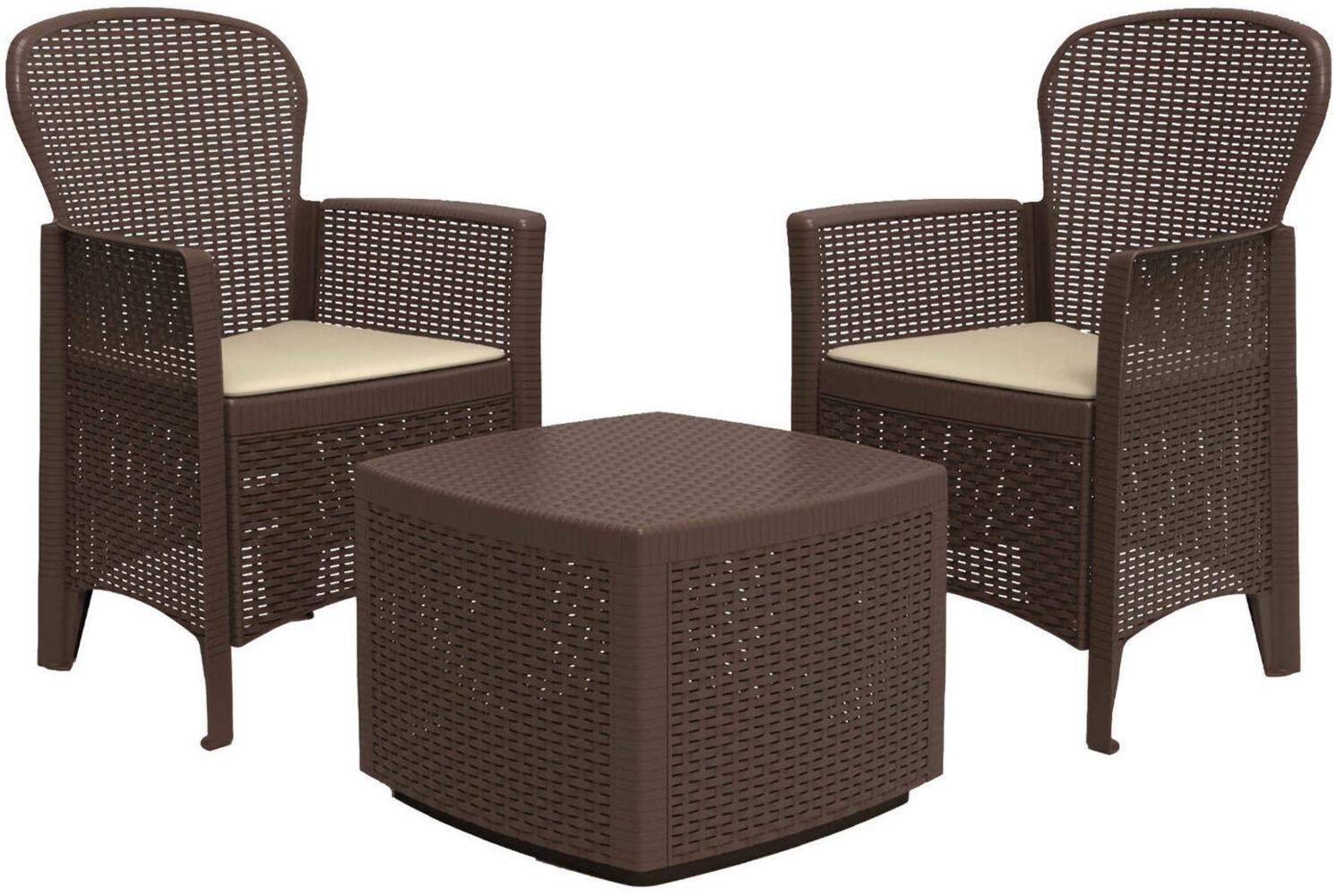 Dmora Outdoor-Lounge-Set Anny, Gartenkomposition mit 2 Sesseln und 1 Aufbewahrungstisch, Lounge mit Rattan-Effekt, 100 % Made in Italy, Braun Bild 1