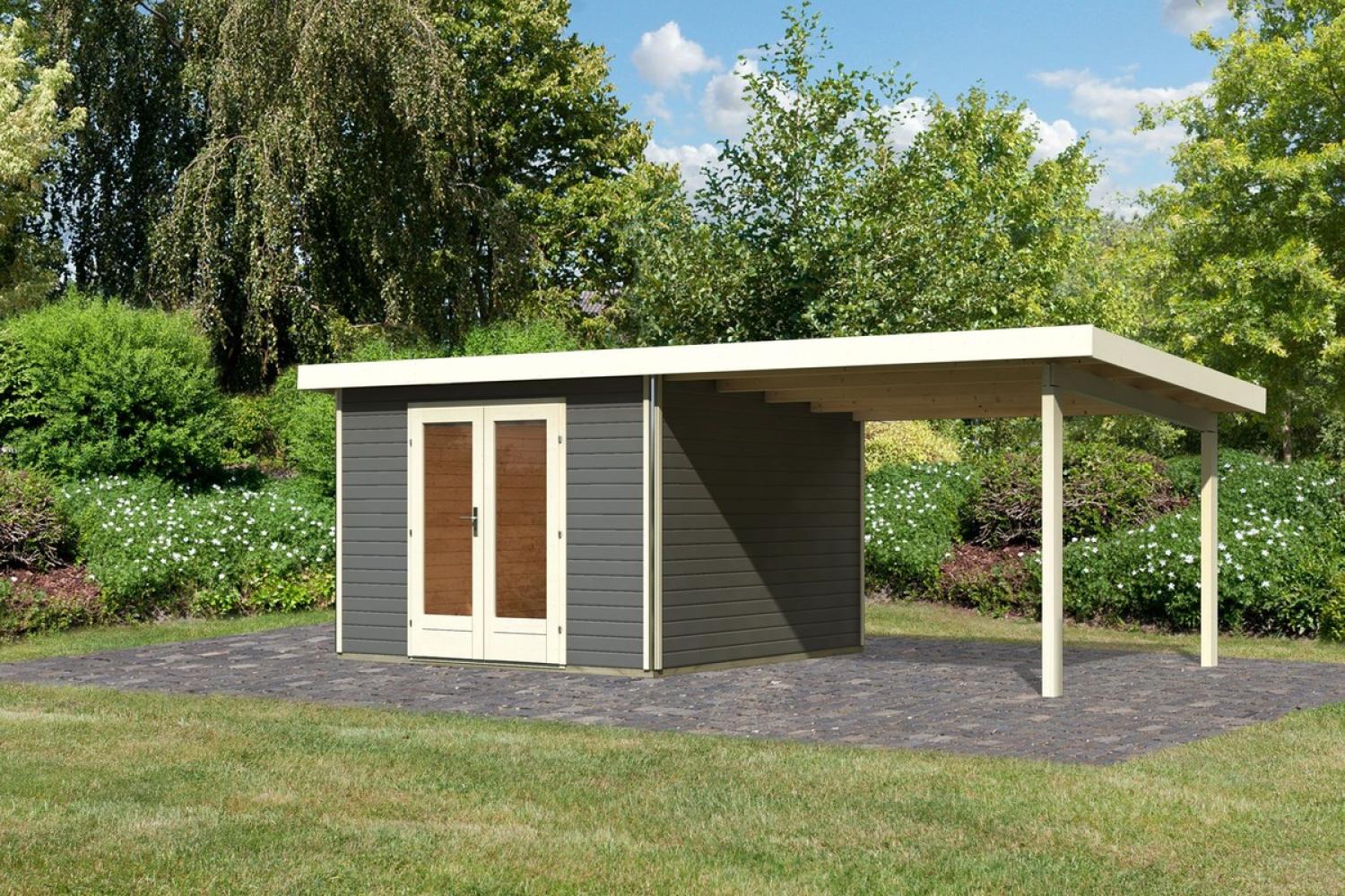 Gartenhaus Radeburg 1 - 309x309 cm plus Anbaudach 3,30m, 40 mm Holz terragrau, Karibu Bild 1