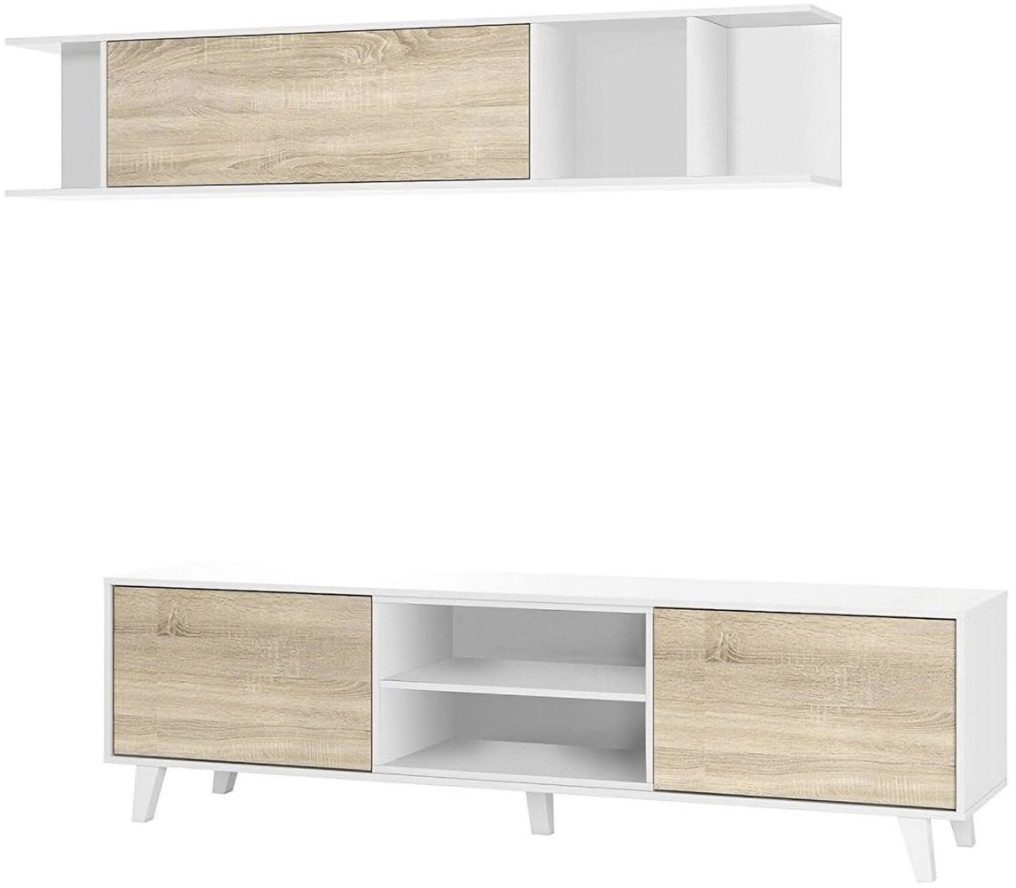 Dmora Aslan-Wandsystem, TV-Ständer, Wohnzimmermöbel, Wohnzimmerkomposition mit Schrankwand, 180 x 41 x 51 cm, Weiß und Eiche Bild 1