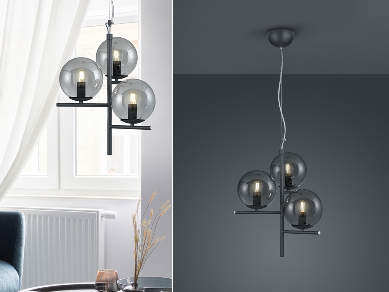TRIO Leuchten LED Pendelleuchte, Dimmfunktion, LED wechselbar, Warmweiß, ausgefallene mit 3x Rauchglas Glas-kugel Lampen-schirm hängend Ø 40cm Bild 1