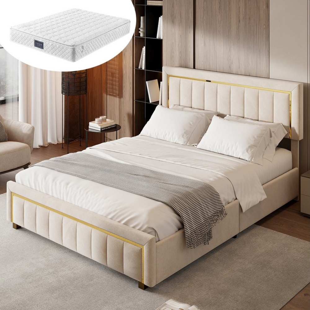 Furnishings Home Polsterbett Doppelbett Stauraumbett Inkl. Matratze (Hydraulisch anhebbarer Bettstauraum), Mit vergoldeter Leiste, Bettkasten, Lattenrost, Samt, 140x200 cm Bild 1