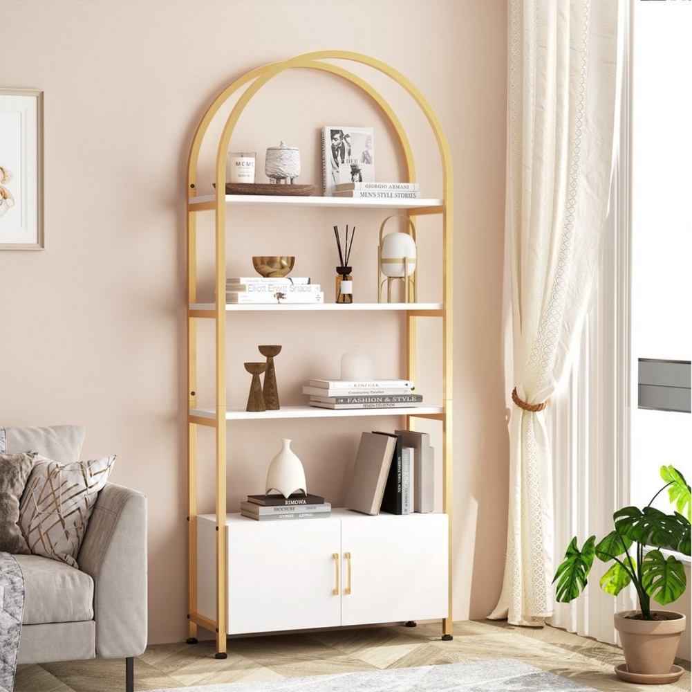 GarveeMore Bücherregal Gewölbtes mit 2 Türen,stabilem Metallrahmen,181cm, 4-stöckiges gewölbtes Ausstellungsregal für Büro,Schlafzimmer,weiß Bild 1