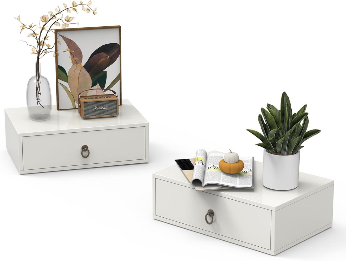 VINGLI Nachttisch hängend, Wandregal mit Schublade, Hängeschrank, 46x30x14.5 cm, Weiß (2-St) Bild 1