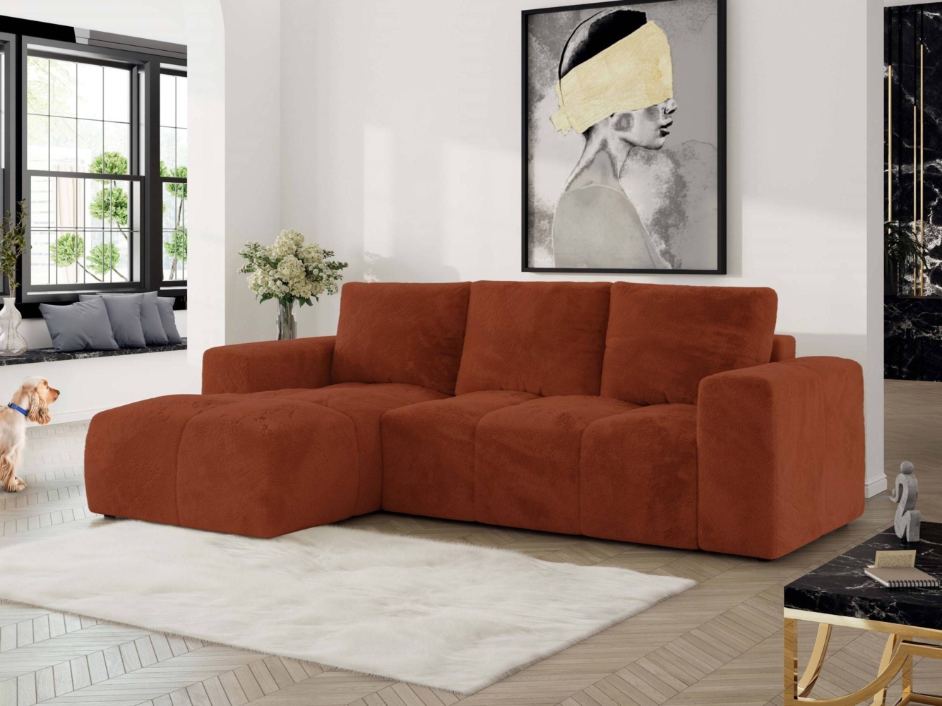 Ecksofa mit Schlaffunktion und Bettkasten, L-form Couch, lose Kissen, Polstersofa - MONIVA - Orange Plüsch - linke Seite Bild 1