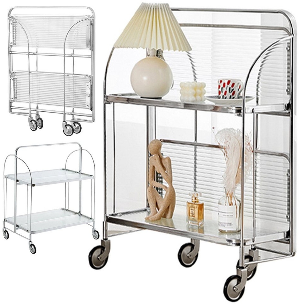 Rhein Beleuchtung Servierwagen Faltbarer Edelstahl-Servierwagen mit Glasablagen 2 Etagen, (Barwagen 68×38×80 cm, kein Aufbau nötig, mobil & modern), Küchenwagen auf Rollen mit Bremse, klappbar & platzsparend Bild 1