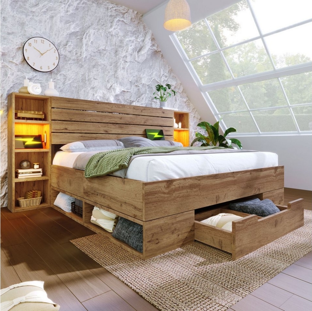 Flieks Holzbett, LED Doppelbett 160×200cm mit Aufladen, Stauraumfächer und Schubladen Bild 1